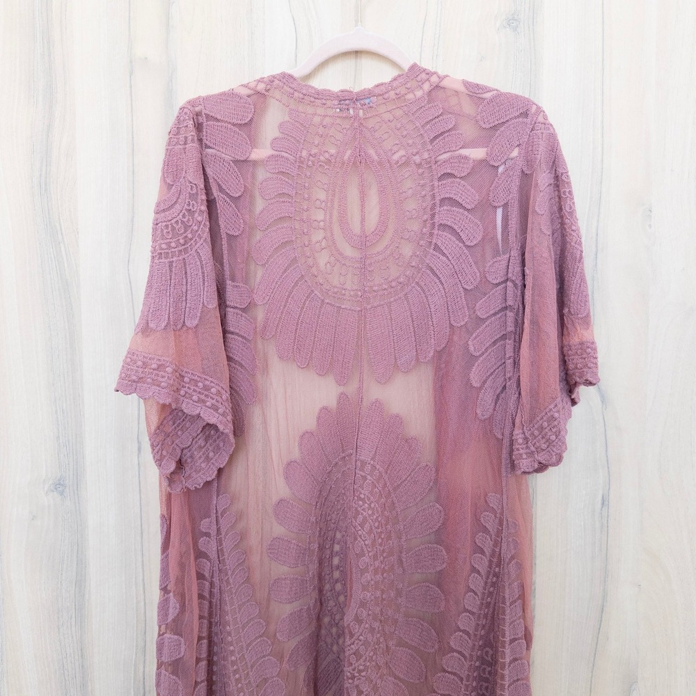 Rebellion Womens Lace Sheer Kimono M Mauve Pink Embroidered Boho Festival Fairy - Picture 7 of 8